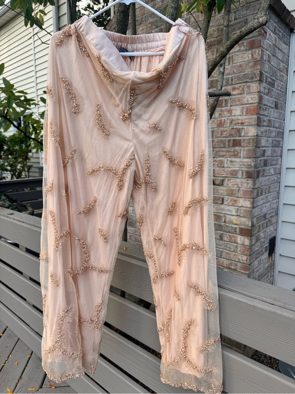 Anthropologie Blush Beaded Sheer Wide-Leg Pants